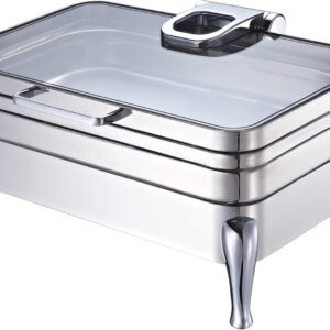 Chafing Dish, 9L Oblong, Flat Glass Lid, With Fuel Holder, Octagonal Heating Plate, 24.5x6.5cm Induction Round, Food Pan: 201, Water Pan: 304, Cover: 304, Frame: 201, 57x46x32cm