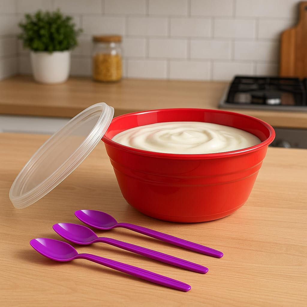 B&S Plastic Round Bowl Set – 3 Medium Serving Bowls with Lids & 3 Matching Spoons | Durable BPA-Free Tableware for Serving, Mixing & Storage | Microwave Safe, Lightweight & Easy to Clean