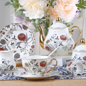 Orange Floral Tea Set (31 Piece) 6" Cake Plate x6 200cc Tea cup saucer x6+6 small spoon tea pot 1+1 sugar Pot with lid 1+1 milk pot x1 napkin holder x2