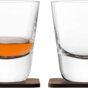 LSA International Whisky Arran Double Old Fashioned Tumbler 8.5 fl oz Clear & Walnut Coaster x 2, Clear/Walnut
