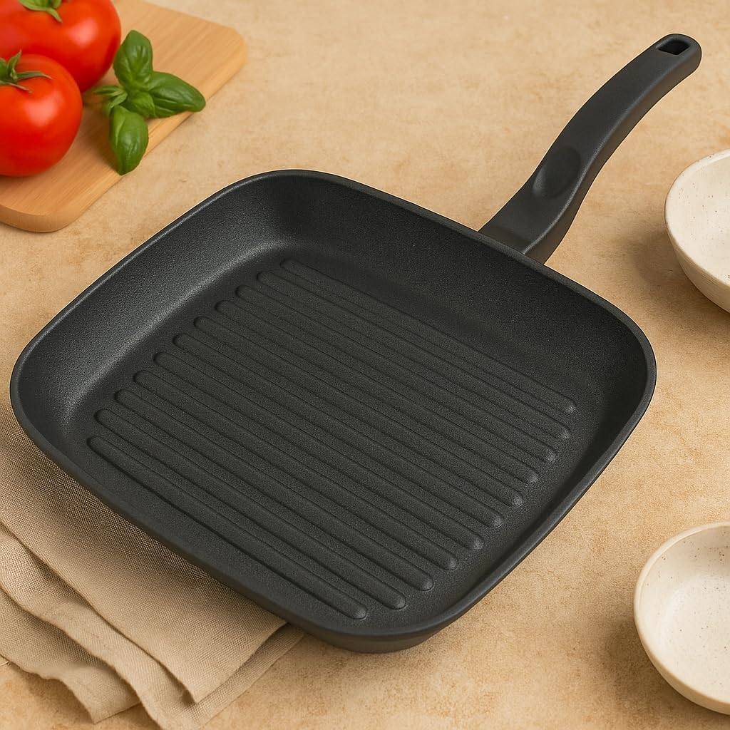 B&S "PROF" Grill Pan 26x26 cm – Optima Non-Stick Square Grill with Fixed Black Handle – Durable Die-Cast Aluminum – Kitchen Accessory for Grilling Meat & Veggies – Eco-Friendly Cookware