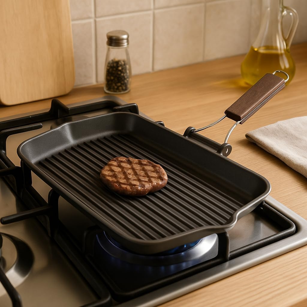 B&S XL Granite Grill Pan 43x26cm – Heavy-Duty Cast Aluminium Non-Stick Grill with Wooden Folding Handle – BBQ Style Indoor Grilling Pan – Kitchen Accessory – Eco-Friendly Cookware