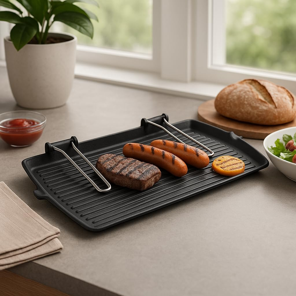 B&S Cast Iron Grill Pan 28x50cm – Heavy-Duty BBQ Grill with Grooved Surface – Durable Non-Stick Coating – Wooden Handle – Indoor/Outdoor Kitchen Accessory – Gas & Stove Compatible