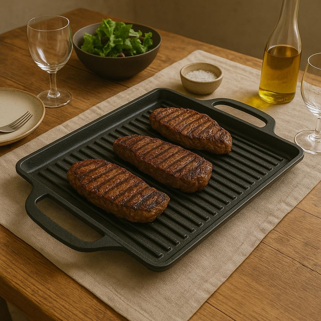 B&S Flat Grill Fusion 46x25cm – Heavy-Duty Cast Aluminum Non-Stick Griddle Pan for Gas, BBQ & Outdoor Use – Smooth Flat Surface with Dual Handles – Ideal for Breakfast, Kebabs, Seafood & More