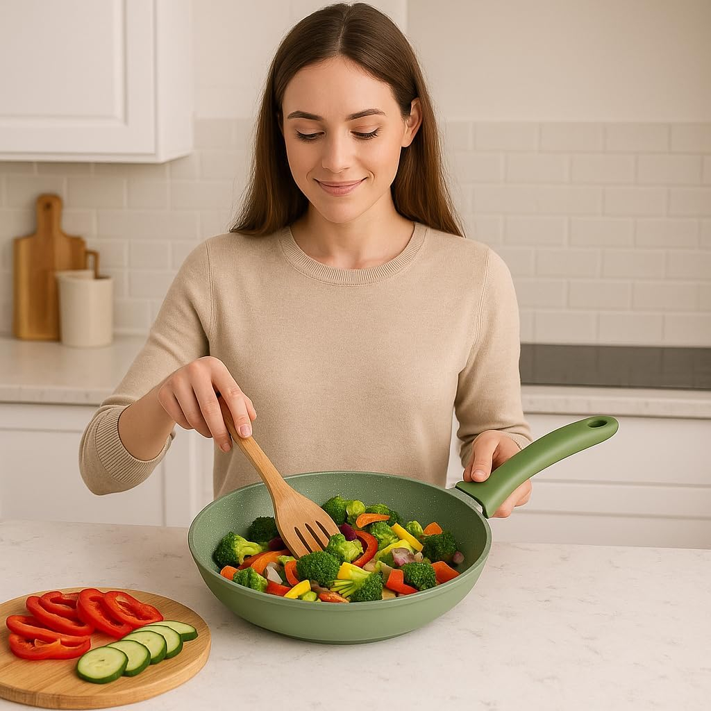 Risolì Dr Green Induction Frypan 24cm & 28cm – Eco-Friendly Non-Stick Frying Pan with Soft-Touch Handle – Induction Ready Cookware – Kitchen Accessory – Green ST (24 CM)