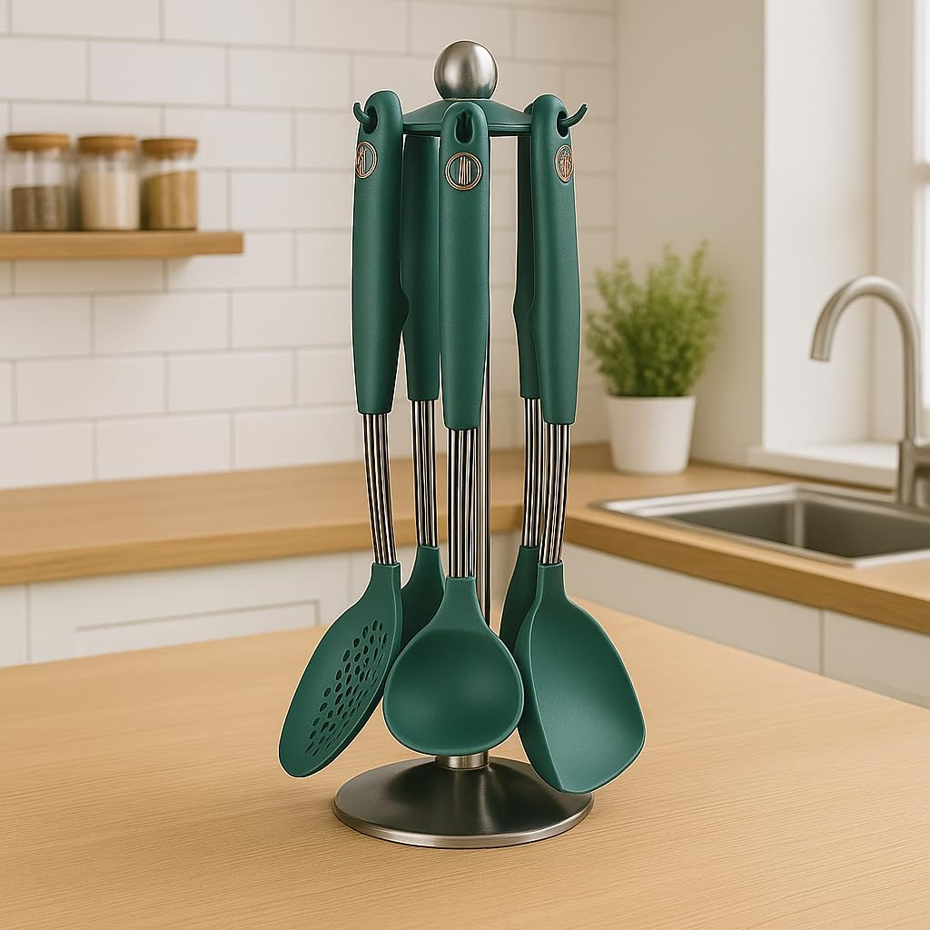 B&S 7-Piece Silicone Kitchen Utensils Set with Stand – Heat-Resistant, Non-Stick, BPA-Free Cooking Tools – Includes Spatula, Spoon, Turner, Ladle, Slotted Spoon, Whisk – Dishwasher Safe