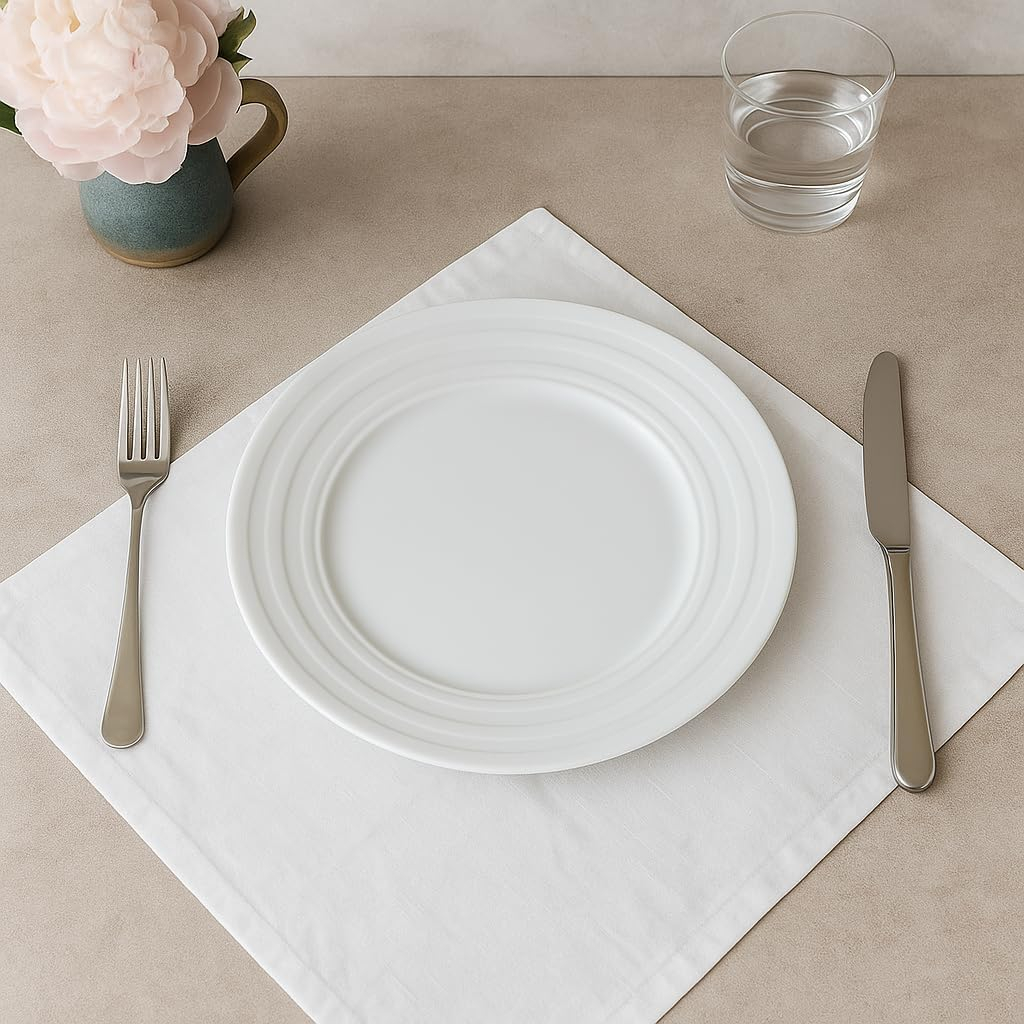 B&S Linea Embossed Porcelain Dinner Plate Set of 4 – 10.5''Elegant White Coupe Plates with Textured Rim – Durable, Scratch-Resistant Porcelain – Classic Tableware for Dining & Entertaining