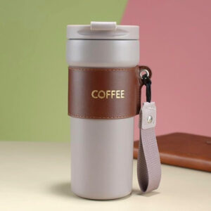Portable Leather-Trimmed Coffee Mug with Lid, 500ml,Vacuum Insulated Tumbler, Black (brown)