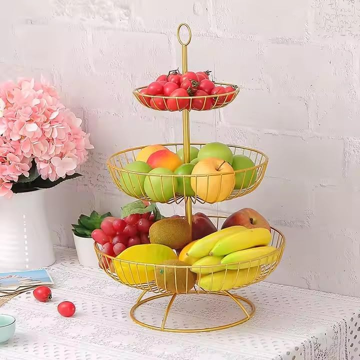 B&S Modern 3-Tier Steel Fruit Basket Stand – Creative Multi-Level Fruit & Snack Storage Tray for Kitchen Counter, Candy Dish Organizer for Parties & Home Use – Black Metal Frame