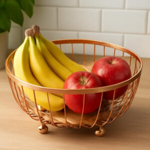 B&S Serving & Fruit Bowl – Modern Stainless Steel Design with Iron Wire and Bamboo Bottom, Multipurpose Kitchen & Dining Storage Basket for Snacks, Dessert, and Afternoon Tea