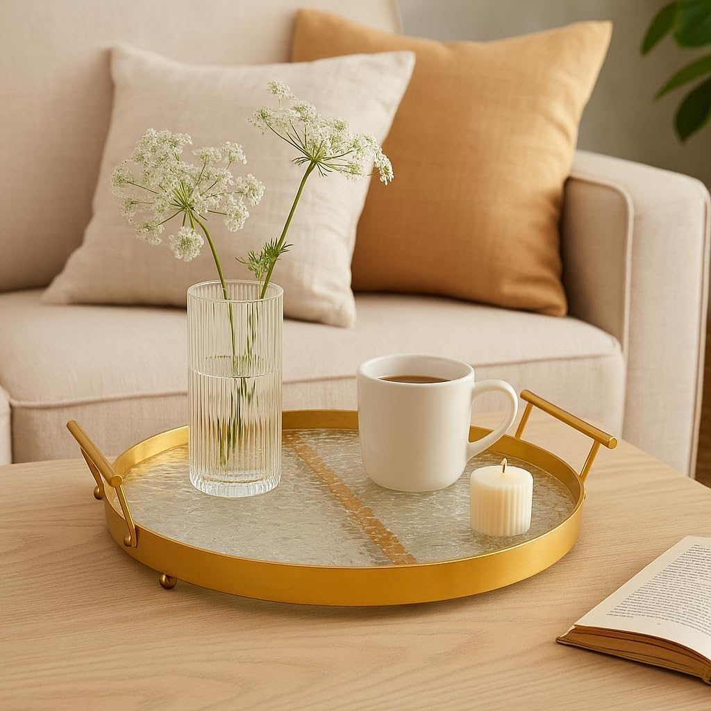 B&S Round Decorative Glass Tray with Golden Metal Handles – Elegant Serving Platter with Textured Glass and Gold Accent Line – Modern Display Tray for Kitchen, Dining, or Coffee Table Use