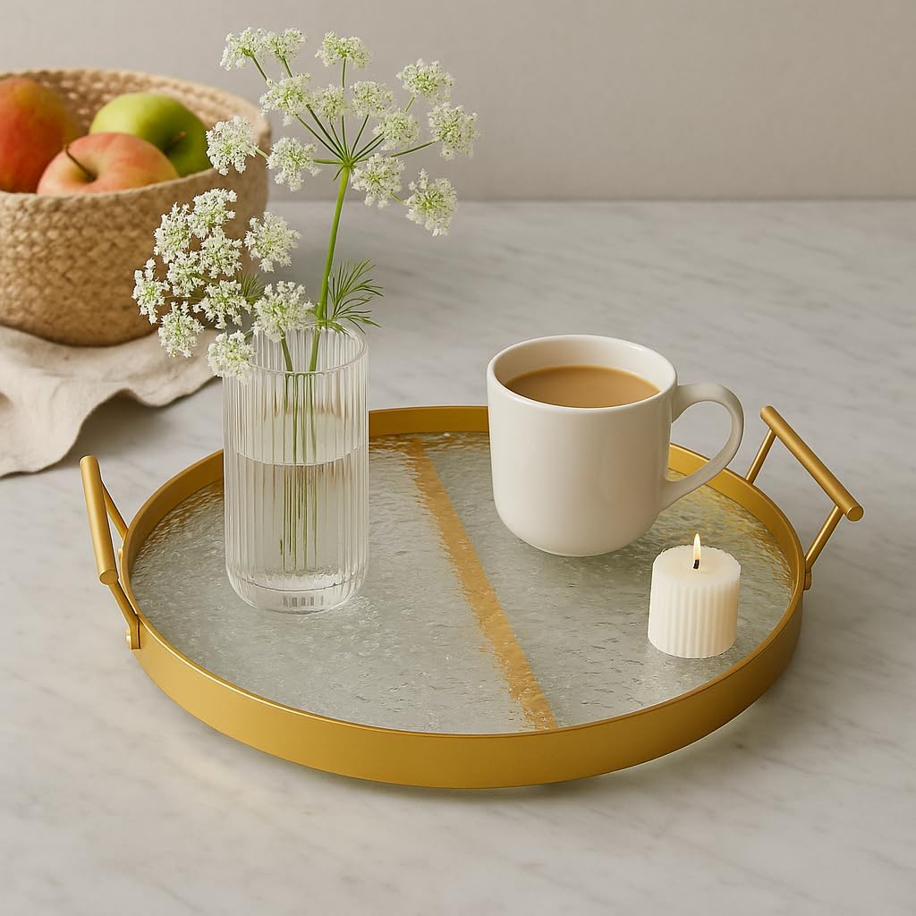 B&S Round Golden Decorative Tray – Metal & Acrylic Cake/Wine Serving Platter with Textured Glass, Gold Handles & Accent Line – Elegant Display Tray for Dining Table, Kitchen, or Vanity Use