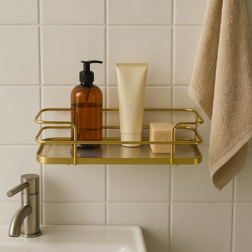 B&S Wall Mount Gold Metal Bathroom Shelf – Rectangular Storage Organizer Rack with Clear Base for Shower, Kitchen, or Vanity – Rust-Resistant Multipurpose Wall Hanging Shelf