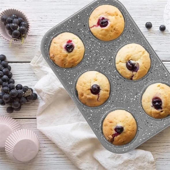 B&S 6-Cup Muffin Pan, 26.5x18x3cm, 0.4mm Grey Marble with White & Black Dots – Non-Stick Bakeware for Muffins, Cupcakes, and More