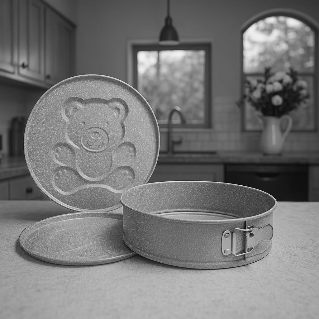 B&S 3-Piece Springform Cake Pan Set, 26x7cm, Grey Marble Finish – Non-Stick Baking Moulds with Cute Bear & Hat Designs – Ideal for Cheesecake, Kids' Cakes & Special Occasions
