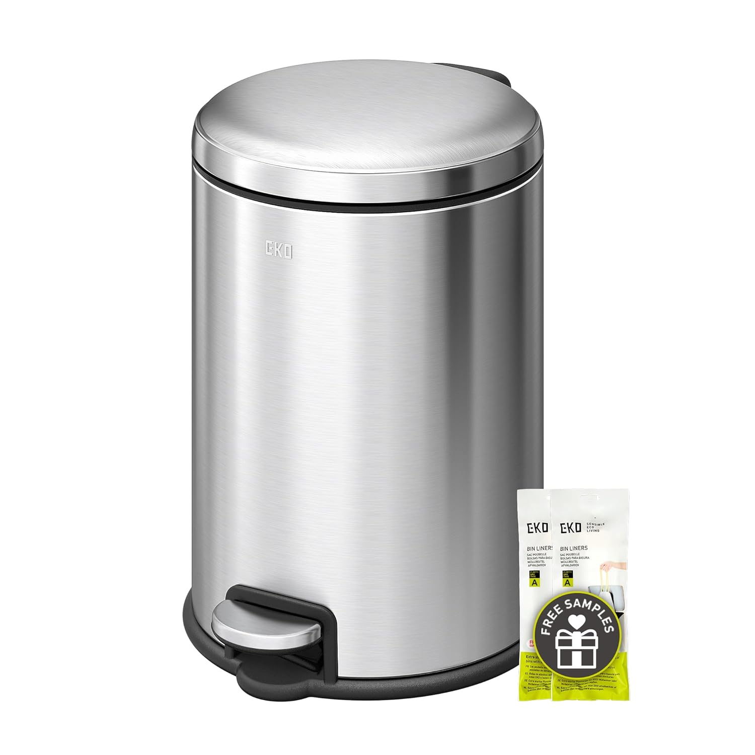 EKO Round Bathroom Trash Can with Lid, 5L / 1.32 Gallon Small Step Garbage Can with Removable Inner Bucket, Soft-Close Metal Waste Basket with Foot Pedal, Brushed Stainless Steel