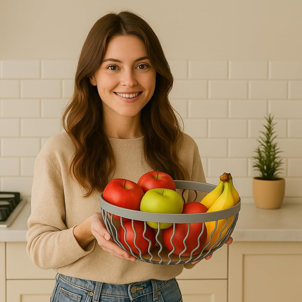 B&S Modern Round Metal Wire Fruit Basket – Decorative Iron Storage Bowl for Kitchen, Dining & Living Room – Stylish Black Wire Container for Fruits, Snacks & Decor