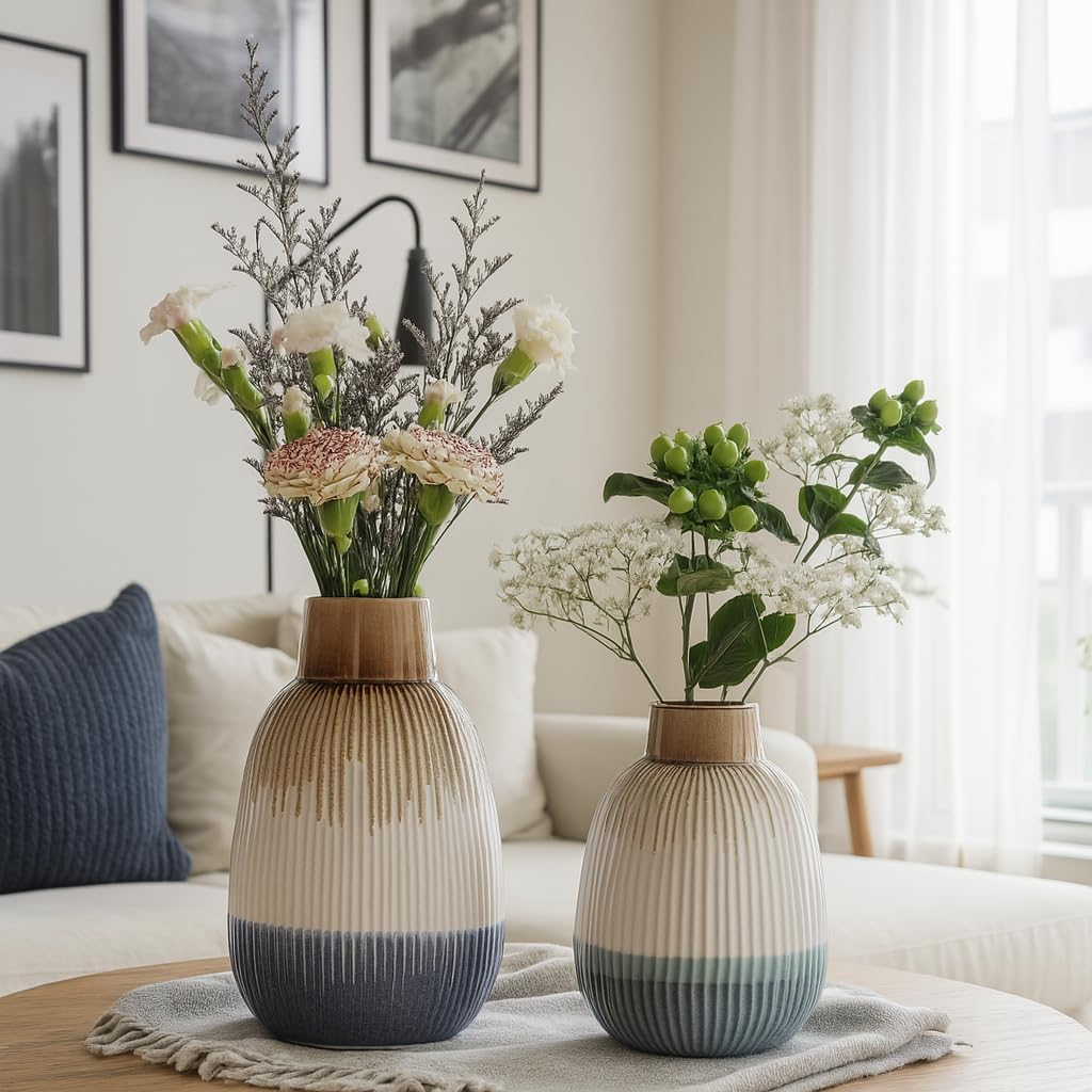 B&S Ceramic Flower Vase – Modern Decorative Table Vase with Textured Finish for Home, Office & Living Room Décor – Elegant White Ceramic Centerpiece for Fresh or Dried Flowers