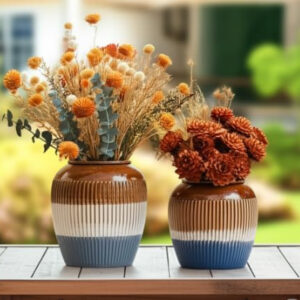 B&S Ceramic Flower Vase Set – Handcrafted Two-Tone Decorative Vases for Home & Office – Danny Home Indoor Planter – Stylish Modern Tabletop Decor – 21x21x17.7cm