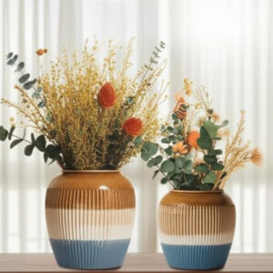 B&S Ceramic Flower Vase Set – Gradient Beige & Blue Decorative Vases for Home, Office & Living Room – Stylish Modern Tabletop Décor – Eco-Friendly Ceramic Pottery