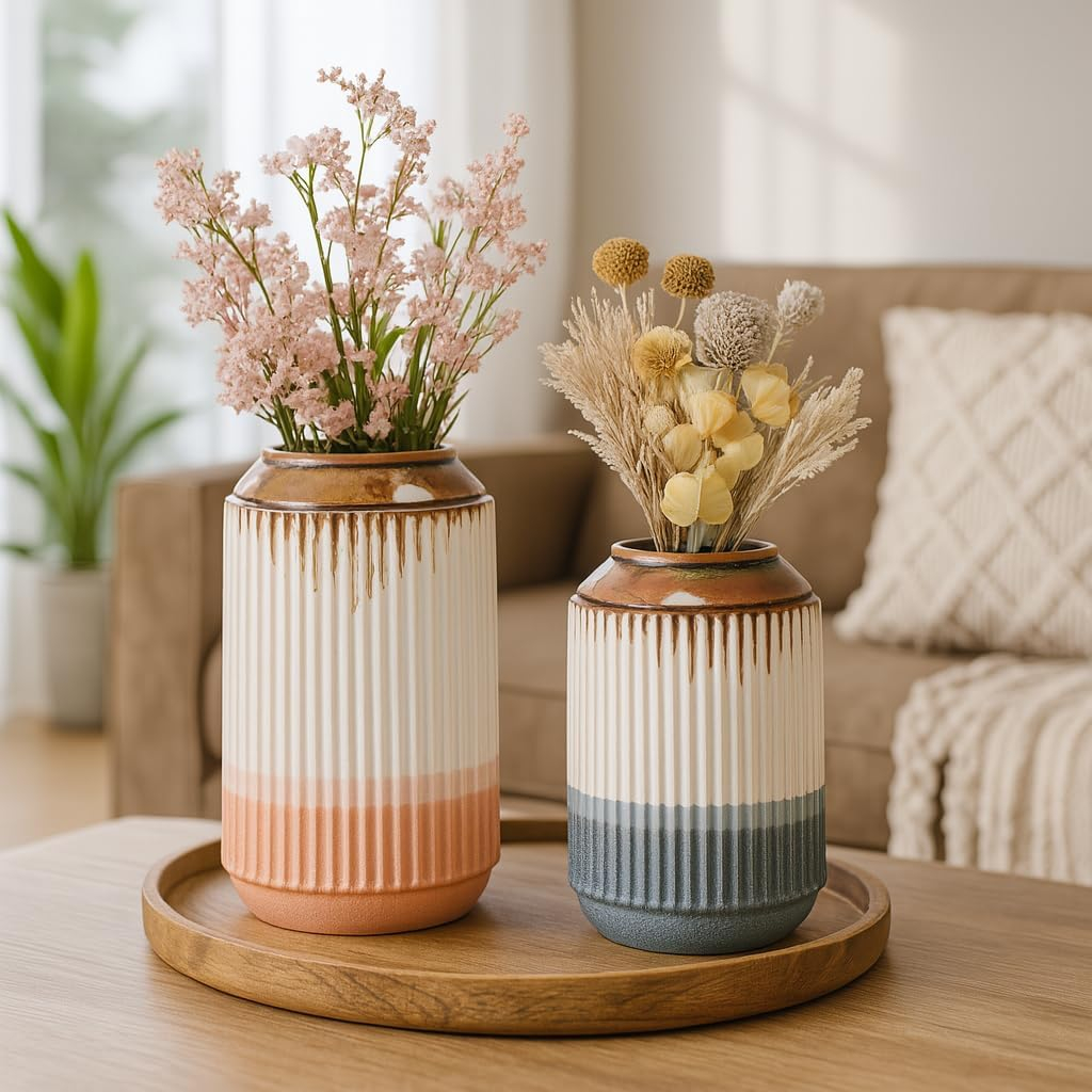 B&S Ceramic Flower Vases - Contemporary Ribbed Textured Decor for Tabletop, Shelf, Mantel | Unique Handcrafted Drip Glaze Finish | Ideal for Rustic, Boho, or Modern Home Styles