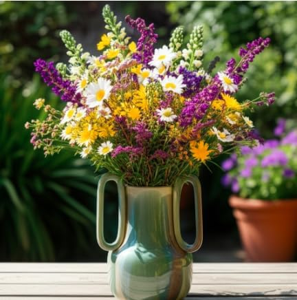 B&S Modern Ribbed Ceramic Flower Vase | Elegant Two-Tone Drip Glaze | Decorative Vase for Home, Office, Living Room Decor | Artificial Flowers (Ceramic Flower Vase 15cm x15cm x 21 cm)