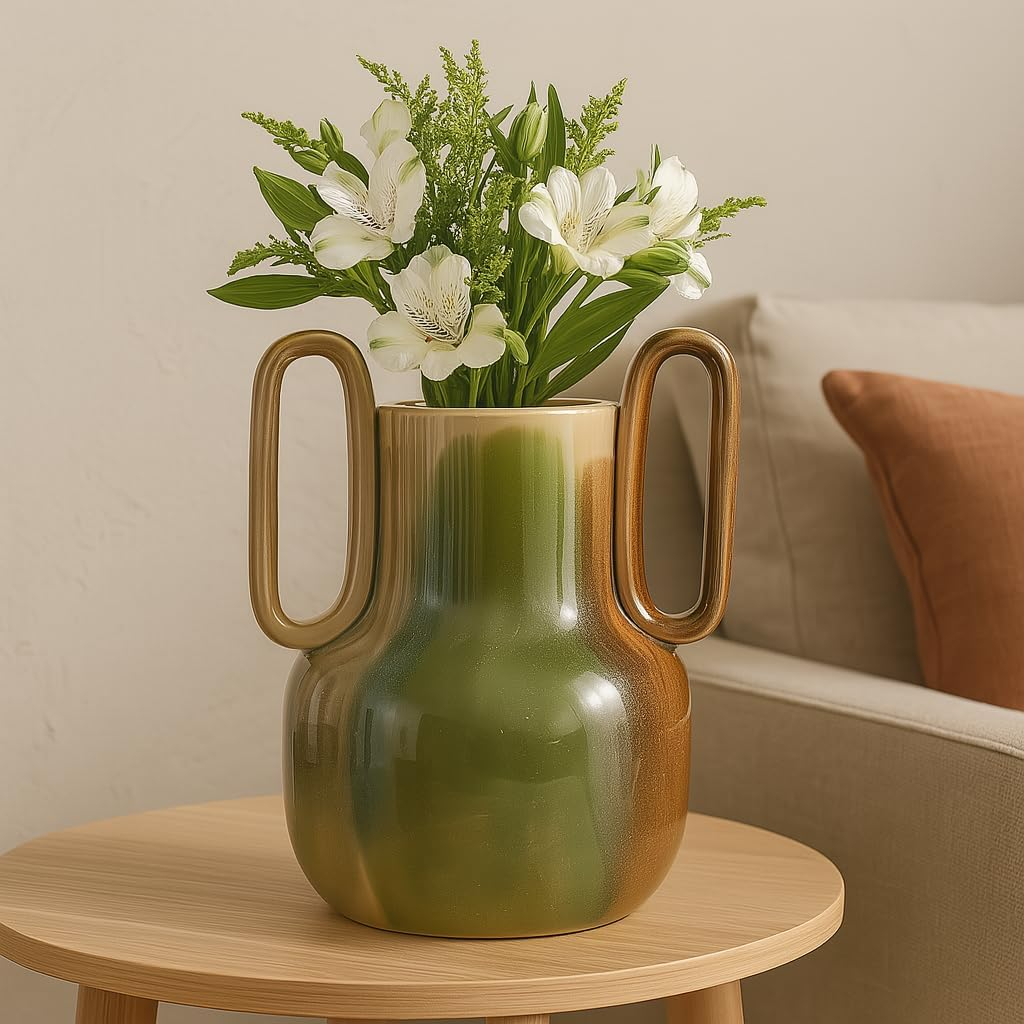 B&S Modern Ribbed Ceramic Flower Vase | Elegant Two-Tone Drip Glaze | Decorative Vase for Home, Office, Living Room Decor | Artificial Flowers (Ceramic Flower Vase 15cm x15cm x 21 cm) - Image 2