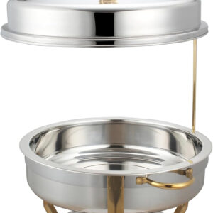 Stainless Steel Chafing Dish, 8L Round Food Pan, Golden Trim Legs, Handles, Hook, for Wedding Parties