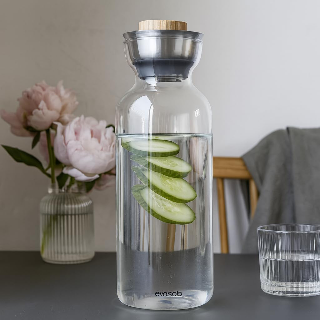 B&S Silhouette Glass Carafe 1L – Clear Water Pitcher with Airtight Lid – Durable & Eco-Friendly Kitchen Accessory – Ideal for Juice, Water & Iced Tea – BPA-Free, Dishwasher Safe