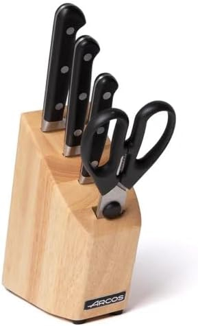 B&S 228700 5-Piece Kitchen Knife Set with Wooden Block – Chef Knife, Utility Knife, Paring Knife, Carving Knife & Scissors – Stainless Steel Blades, Ergonomic Black Handles, Premium Cutlery Set