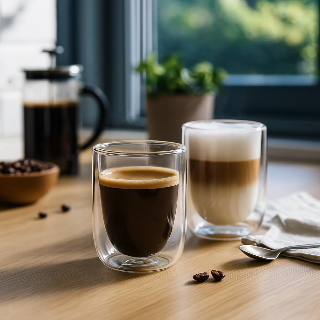 B&S Double Wall Glass Set of 2 – 250ml Insulated Glass Cups for Hot & Cold Drinks | Elegant Borosilicate Coffee & Tea Cups | Heat Resistant, Condensation-Free, Dishwasher Safe