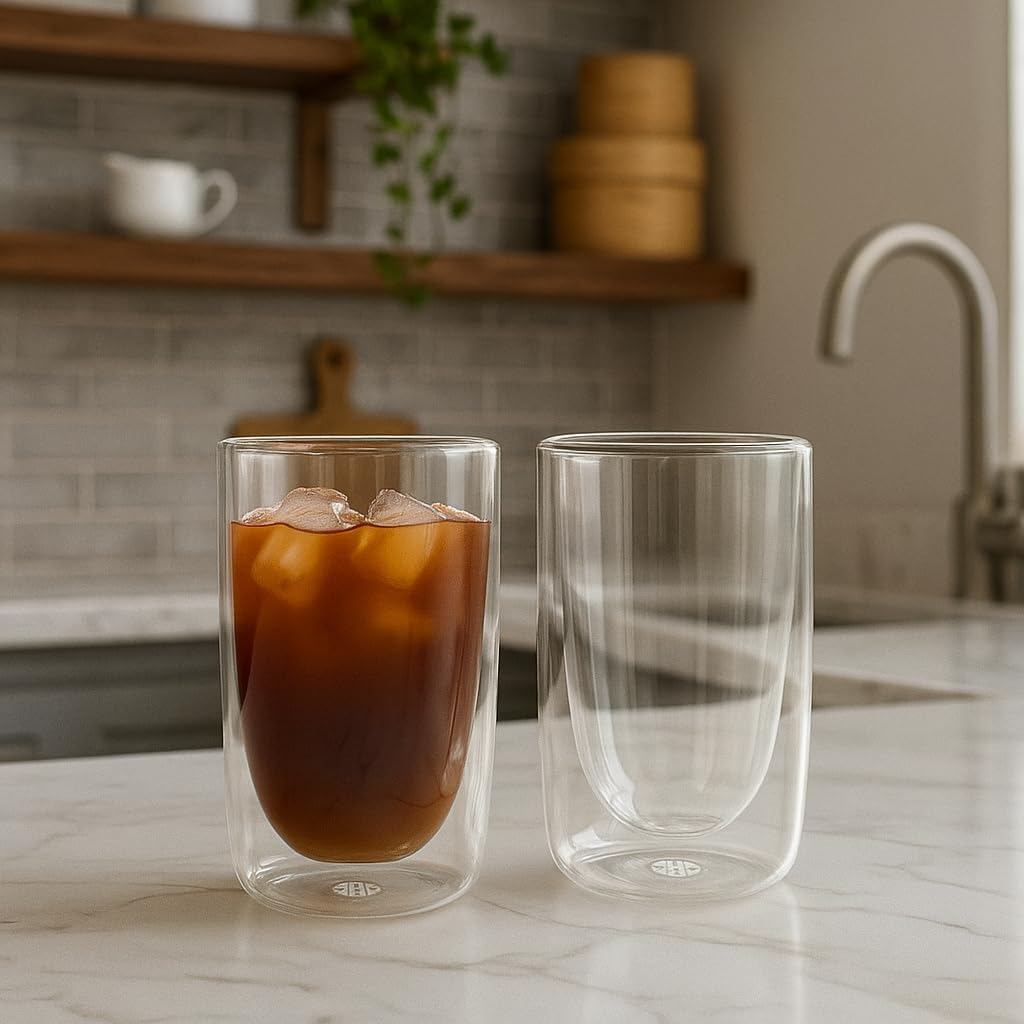 B&S Double Wall Glass Set of 2 – 350ml Insulated Borosilicate Cups for Coffee, Tea & Juices | Elegant Heat-Resistant Kitchen Drinkware | Condensation-Free, Dishwasher & Microwave Safe