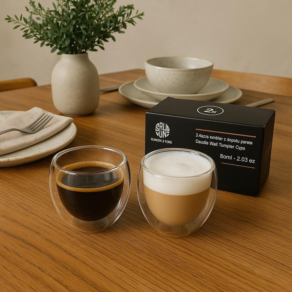 B&S Double Wall Glass Cup Set – 250ml x 2pcs | Heat Resistant Insulated Glassware for Hot & Cold Drinks | Elegant Clear Design – Kitchen Accessory, Eco-Friendly, Durable