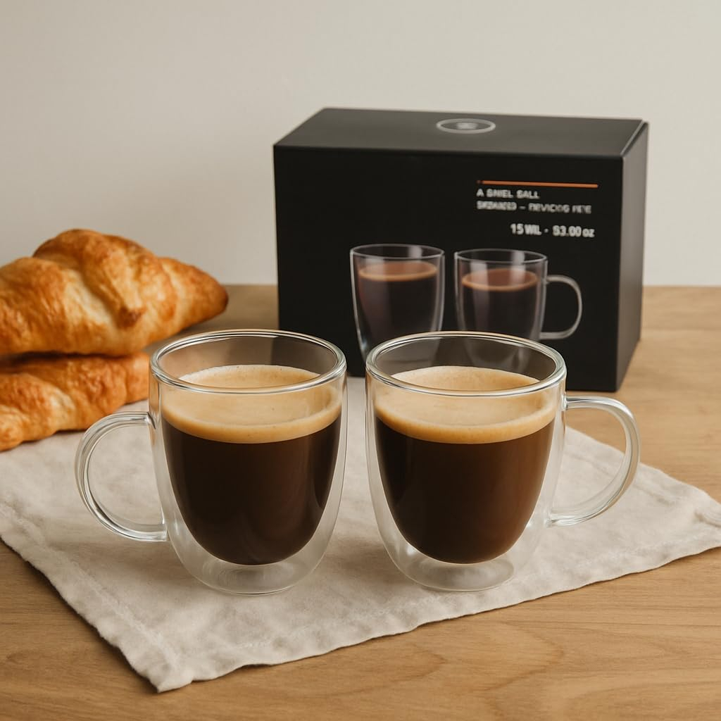 B&S Double Wall Glass Mug with Handle | 380ml Capacity | Insulated Borosilicate Glass Cups | 2pcs Set | Heat Resistant | Elegant Kitchen Accessory | Eco-Friendly | Gift Ready