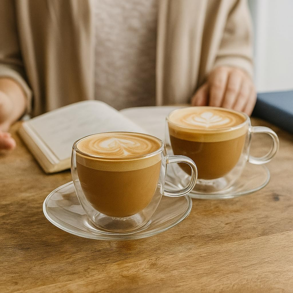 B&S Double Wall Glass Cup with Saucer | 120ml Espresso & Tea Set | Heat Resistant Borosilicate Glass | Insulated Design | 2pcs | Kitchen Accessory | Eco-Friendly | Stylish Gift-Ready Set