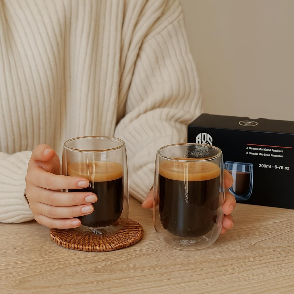 B&S Double Wall Glass Cups | 200ml Borosilicate Insulated Glassware | Heat Resistant Coffee & Tea Cups | 2pcs Set | Clear Reusable Drinkware | Eco-Friendly Kitchen Accessory | No Condensation