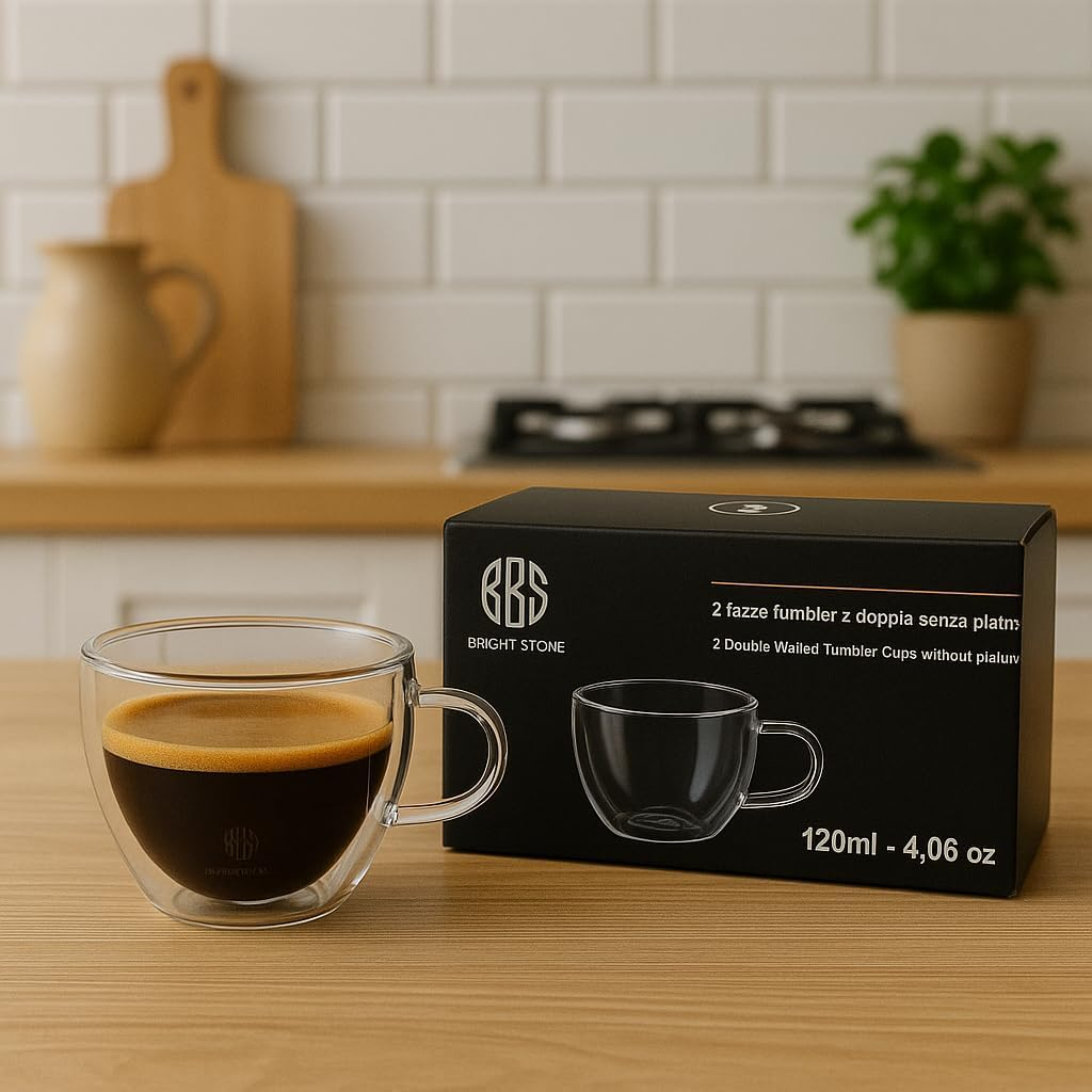 B&S Double Wall Glass Cups with Saucers | 200ml Heat Resistant Borosilicate Glass | 2pcs Set | Insulated Coffee & Tea Cups | Eco-Friendly Drinkware | Clear Reusable Kitchen Accessory | Gift Ready