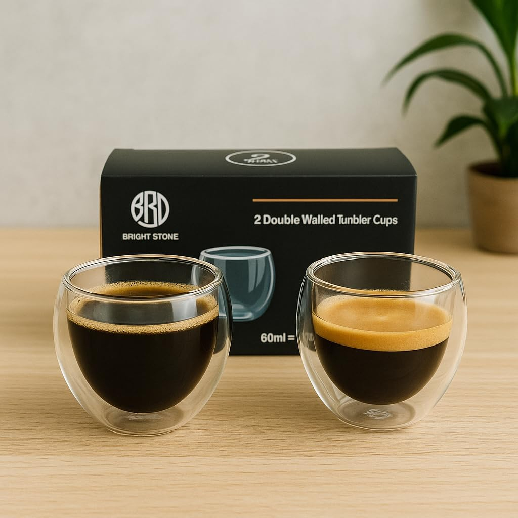 B&S Double Wall Glass Espresso Cups Set of 2 – 60ml Capacity | Heat Resistant Borosilicate Glass | Elegant Kitchen Accessory | Eco-Friendly Reusable Shot Glasses for Coffee & Tea