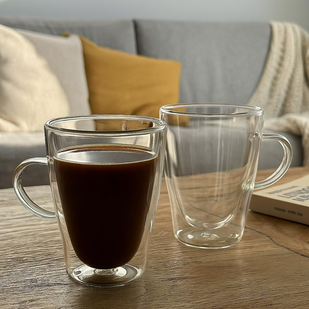 B&S Double Wall Glass Set of 2 – 320ml Insulated Coffee Glasses | Heat Resistant Borosilicate Cups | Elegant Kitchen Accessory | Eco-Friendly Reusable Glassware for Hot & Cold Drinks