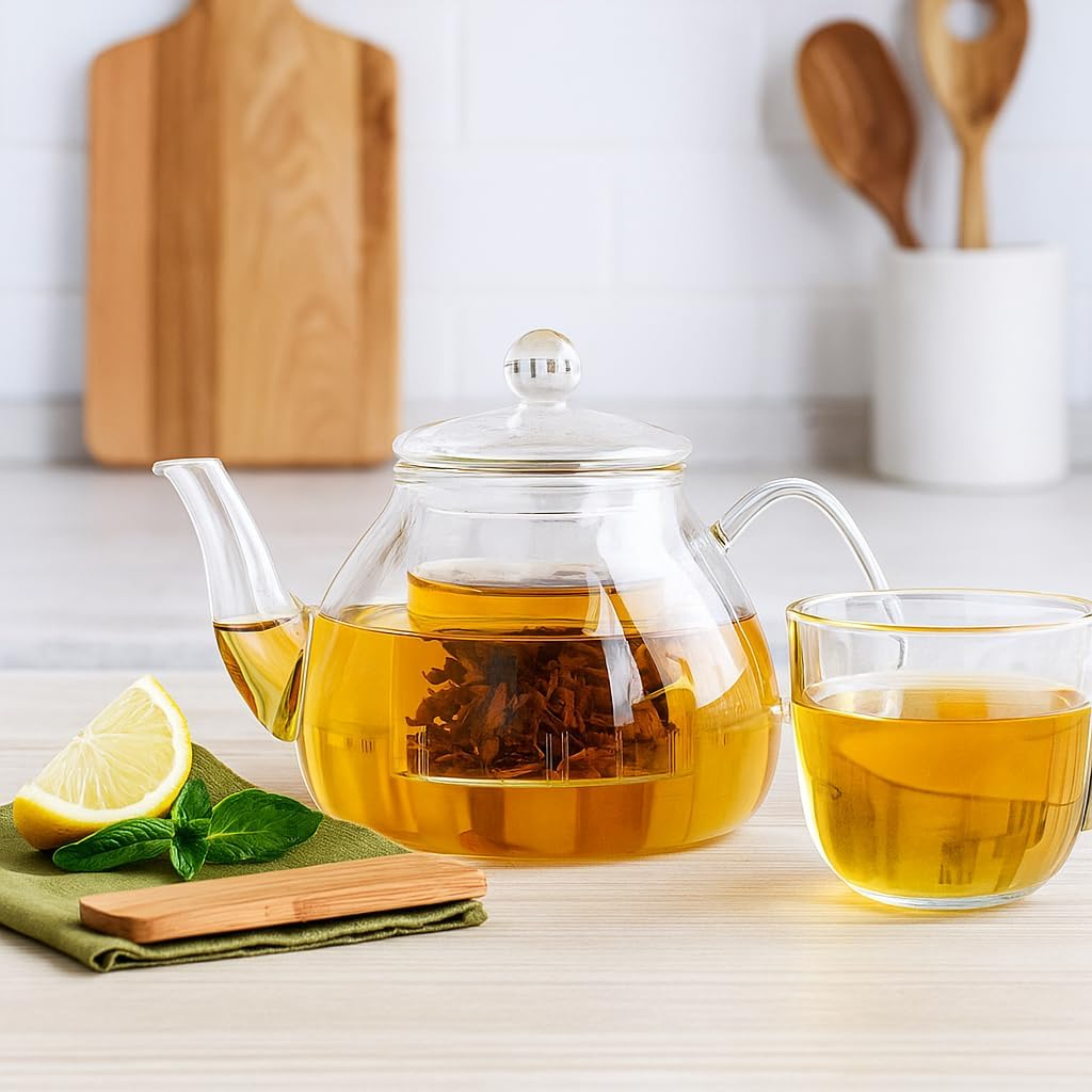 B&S Borosilicate Glass Teapot with Lid – 800ml Heat-Resistant Tea Pot for Stovetop & Microwave | Elegant Clear Kettle | Eco-Friendly Kitchen Accessory for Herbal Tea & Coffee Brewing