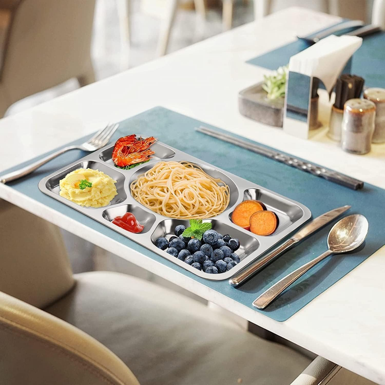 B&S Stainless Steel Divided Tray 2pcs – 6 Compartment Food Serving Plate, 40x30cm – Reusable Mess Tray for Canteens, Cafeterias, Homes & Outdoor Dining