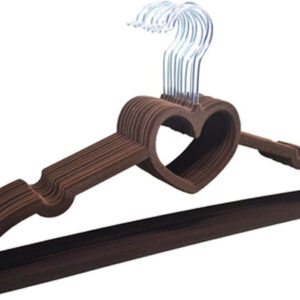 B&S Plastic Hanger 10 Pieces Flocked Clothes Hangers with Heart Design, Non-Slip Velvet Finish – Space-Saving & Durable for Shirts, Dresses, Jackets & Scarves (Brown)