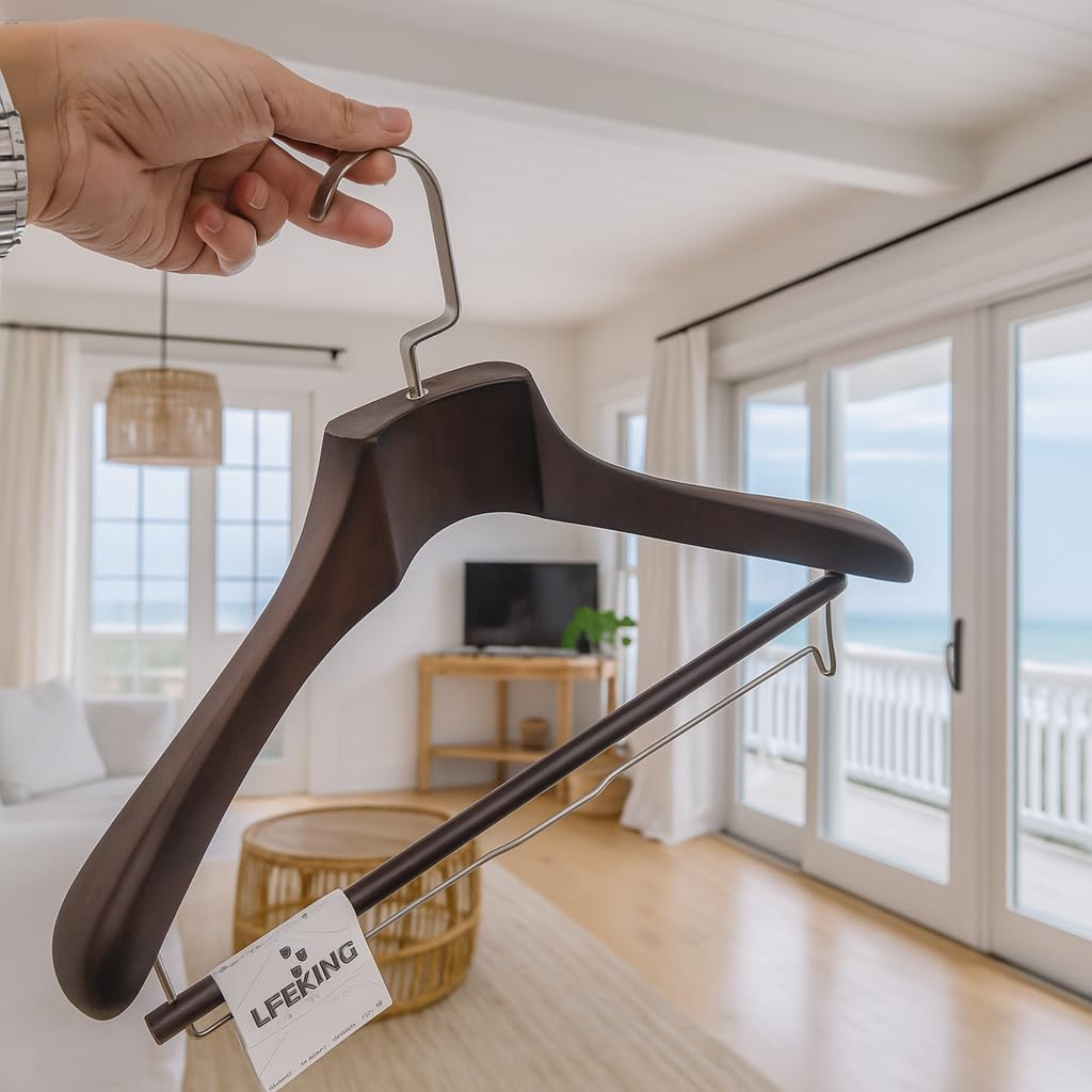 B&S Premium Wooden Hanger, 44.5cm Beech Wood with Square Rod, 4.5cm Thick, Heavy-Duty Coat Hanger for Suits, Jackets & Shirts – Walnut Color (Beech Wood Square Rod 44.5cm)