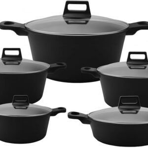 B&S 10-Piece Die-Cast Aluminum Casserole Set – Non-Stick Marble Base, Wood Grain Handles – Mixed Colors, Stackable Arc Soup Pots with Lids (20/24/28/32 cm)