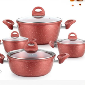 B&S 10-Piece Marble Coated Die-Cast Cookware Set – Nonstick Pots with Lids, Iron Imitation, Sizes 20-32cm, 3 Colors (Red, Blue, Brown), Clear Gift Packaging
