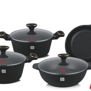 B&S 10-Piece Non-Stick Cookware Set – Marble Coated Pots and Pans with Glass Lids – Die-Cast Aluminum Imitation – 20 to 32 cm Sizes – Compatible with Gas & Electric Stoves