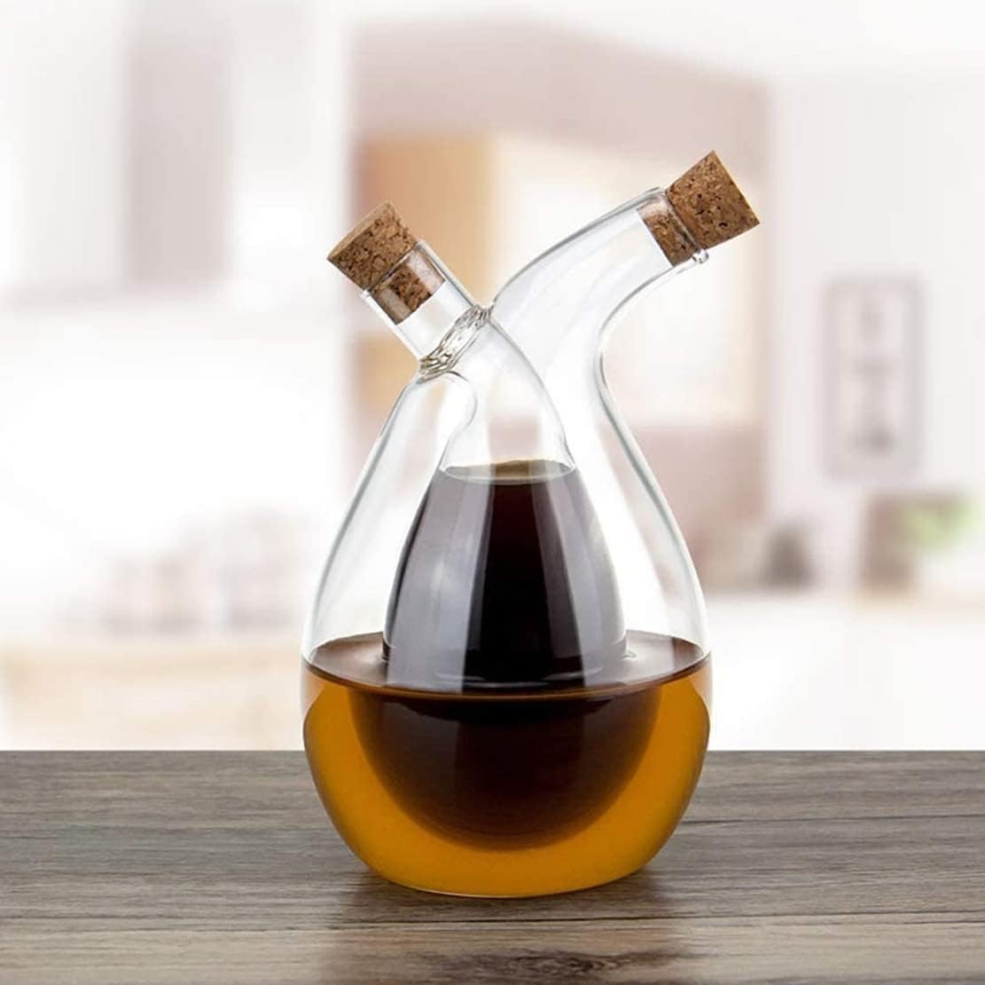 B&S 2-in-1 Oil and Vinegar Dispenser – Dual Chamber Glass Bottle with Cork Stoppers – Balls Design – Leakproof & Stylish Kitchen Pourer – 350ml Capacity – Heat-Resistant (Grape Design (400ML))