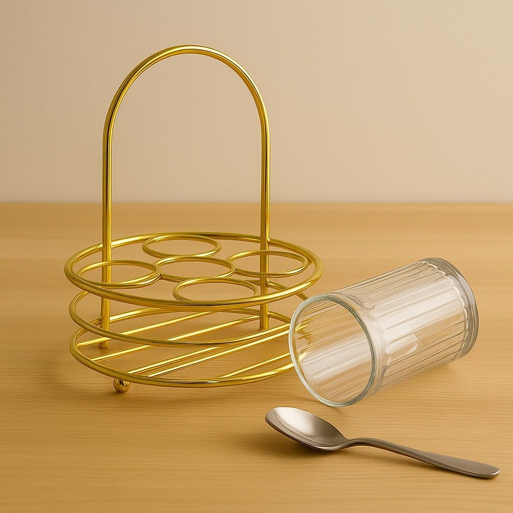 Iron Cup Holder Rack – 31 x 31 x 10cm Golden Metal Beverage Storage, Portable Bottle Carrier Basket for Glasses, Drinkware, and Small Bottles – Reusable Home Bar Organizer, Stylish Beverage.