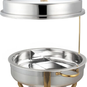 Chafing Dish, 201 Stainless Steel, 2 Divisions, 8L Capacity, Golden Trim Legs, Handles, Hook, 52cm x 43cm x 76.5cm