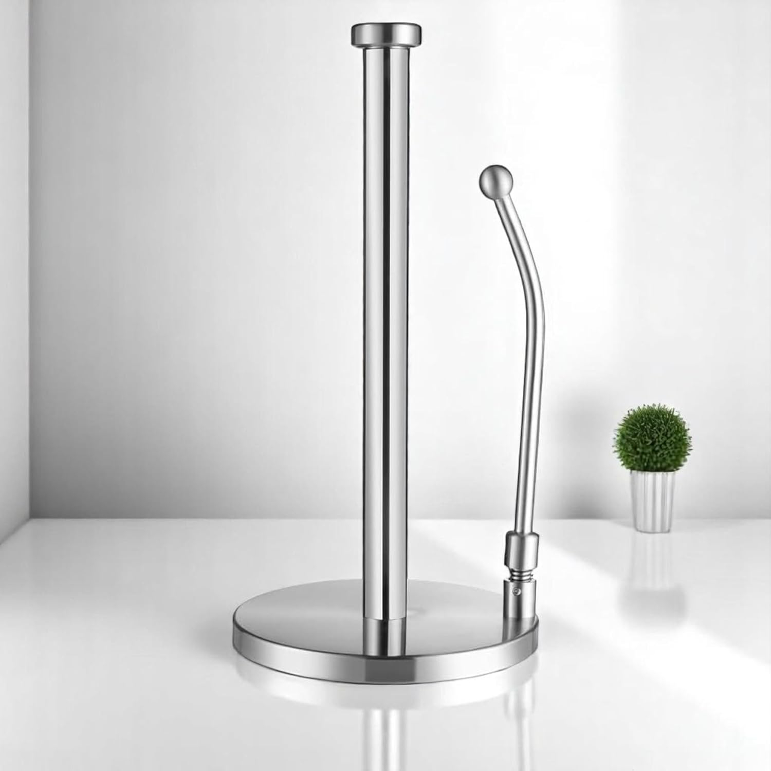 B&S Stainless Steel Paper Towel Holder – Freestanding Dispenser with Adjustable Spring Arm & Weighted Base for Kitchen Countertops, Bathroom, Dining Table & Office Use
